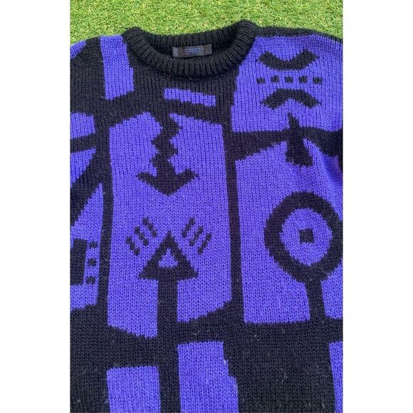 ESPRIT VINTAGE 80’s MCM WOOL ABSTRACT PRINT PURPLE CREW NECK SWEATER sz L - Picture 2 of 7